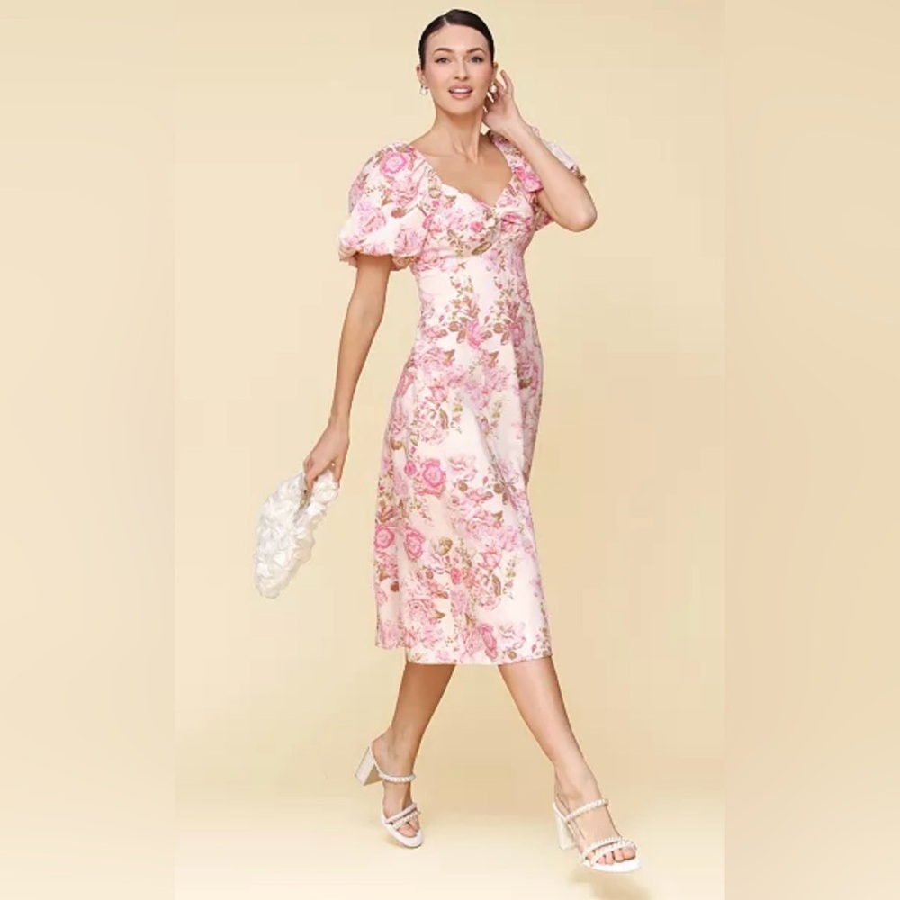Avec Les Filles Rococo Floral Midi Dress 10 Puffed Short Sleeves Pink Linen